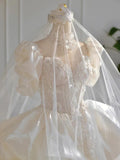 Dreamy Ball Gown High Neckline Short Sleeves White Lace Wedding Dresses With Beads HZ1024
