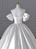 Timeless Ball Gown Sweetheart Long Puffy Sleeves Satin Wedding Dresses With Flowers HZ1024