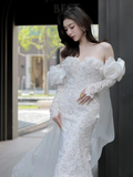 Luxury Mermaid Off The Shoulder Neckline Long Sleeves Lace White Wedding Dress HZ1024