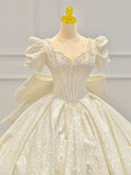 Dreamy Ball Gown Sweetheart Short Sleeves White Lace Wedding Dresses With Beads HZ1024