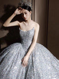 Dreamy Ball Gown Sweetheart Sequin Silver Long Wedding Dresses With Beads HZ1024