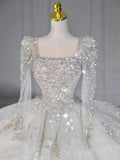 Dreamy Ball Gown Square Neckline Sequin White Long Sleeves Wedding Dresses With Beads HZ1024