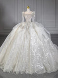 Dreamy Ball Gown Square Neckline Sequin White Long Sleeves Wedding Dresses With Beads HZ1024