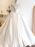 Simple Ball Gown Sweetheart White Long Sleeves Satin Wedding Dresses With Beads HZ1024