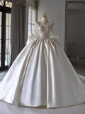 Chic Ball Gown Sweetheart White Long Sleeves Satin Wedding Dresses With Beads Bow HZ1024