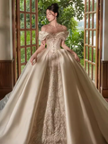 Luxury Ball Gown Off The Shoulder Neckline Short Sleeves Lace Wedding Dress HZ1024