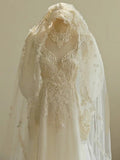Chic A line Scoop White Long Puffy Sleeves Lace Wedding Dresses With Appliques HZ1024