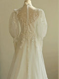 Chic A line Scoop White Long Puffy Sleeves Lace Wedding Dresses With Appliques HZ1024
