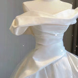 Sexy Ball Gown Off The Shoulder Satin Long White Wedding Dresses With Ruffles HZ1024