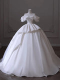 Timeless Ball Gown Off The Shoulder Satin Long White Wedding Dresses With Ruffles HZ1024