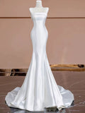 Timeless Mermaid Strapless Satin Long White Wedding Dresses With Buttons HZ1024