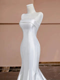 Timeless Mermaid Strapless Satin Long White Wedding Dresses With Buttons HZ1024