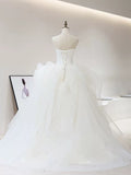 Dreamy Ball Gown Strapless Sleeveless White Tulle Wedding Dresses With Ruffles HZ1024