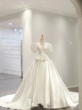 Simple Ball Gown V Neckline Short Sleeves White Satin Wedding Dresses With Bow HZ1024