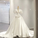 Simple Ball Gown V Neckline Short Sleeves White Satin Wedding Dresses With Bow HZ1024