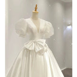 Simple Ball Gown V Neckline Short Sleeves White Satin Wedding Dresses With Bow HZ1024