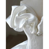 Simple Ball Gown Off The Shoulder Short Sleeves White Satin Wedding Dresses With Beads HZ1024