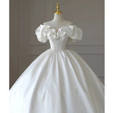 Simple Ball Gown Off The Shoulder Short Sleeves White Satin Wedding Dresses With Beads HZ1024