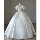 Simple Ball Gown Off The Shoulder Short Sleeves White Satin Wedding Dresses With Beads HZ1024