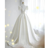Simple Ball Gown V Neckline Short Sleeves White Satin Wedding Dresses HZ1024