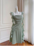 Cute A line Spaghetti Straps Sage Green Short Homecoming Dresses Party Cocktail Dress With Ruffles HZ1024