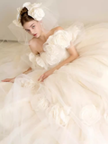 Luxury Ball Gown Short Sleeves Tulle White Wedding Dress HZ1024