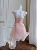 Cute Sheath Spaghetti Straps Pink Short Tulle Homecoming Dresses Cocktail Dress HZ1024