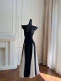 Elegant A line Spaghetti Straps Black Chiffon Prom Dresses Evening Dress HZ1024