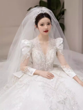 Luxury Ball Gown Long Sleeves Lace White Wedding Dress HZ1024