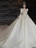 Luxury Ball Gown Long Sleeves Lace White Wedding Dress HZ1024
