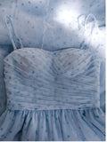 Simple A Line Spaghetti Straps Tulle Blue Prom Dress Evening Dresses HZ1024
