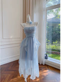 Simple A line Spaghetti Straps Chiffon Blue Homecoming Dress Birthday Dresses HZ1024