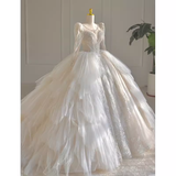 Luxury Ball Gown Scoop Neckline Long Sleeves Lace White Wedding Dress HZ1024