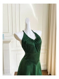 Sexy A Line Halter Sleeveless Green Satin Prom Dresses HZ1024
