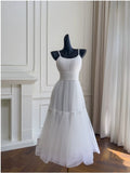 Sexy A Line Spaghetti Straps Sleeveless Tulle White Prom Dresses HZ1024