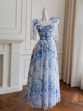Sexy A line Spaghetti Straps Sleeveless Floral Blue Chiffon Prom Dresses HZ1024