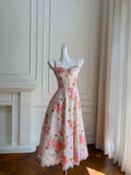 Sexy A line Spaghetti Straps Sleeveless Floral Pink Chiffon Prom Dresses HZ1024