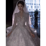 Luxury Ball Gown V Neckline Long Sleeves Lace Wedding Dress HZ1024