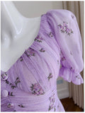 Vintage A line V Neckline Short Sleeves Lilac Tulle Flowers Prom Dress Evening Dresses HZ1024