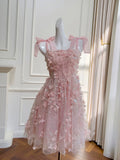 Fairytale A line Spagetti Straps Pink Short Lace Flowers Homecoming Dress Birthday Dresses HZ1024