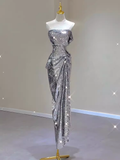 Sexy Mermaid Strapless Silver Sequin Long Prom Dress HZ1024