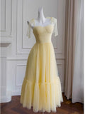 Cute A Line Straps Sleeveless Yellow Tulle Long Prom Dresses HZ1024