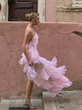 Simple A line Long Pink Halter Tiered Floor Length Prom Dresses HZ1024