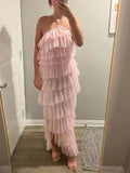 Simple A line Long Pink Halter Tiered Floor Length Prom Dresses HZ1024
