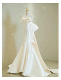 Sexy Mermaid Sweethart Sleeveless Satin Long White Wedding Dresses With Bow HZ1024