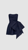 Cute Sheath Strapless Navy Blue Short Satin Homecoming Dresses Cocktail Dress With Bowknot HZ1024