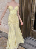 Elegant Mermaid Spaghetti Straps Yellow Chiffon Long Prom Dresses Evening Dress With Beads HZ1024