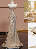 Elegant Mermaid Sweetheart Champagne Sequin Long Prom Dresses Evening Dress With Beads HZ1024