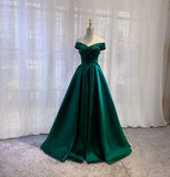 Simple A line Off The Shoulder Green Satin Prom Dresses Evening Party Dress HZ1024