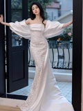 Sexy Mermaid Strapless White Lace Long Prom Dresses HZ1024